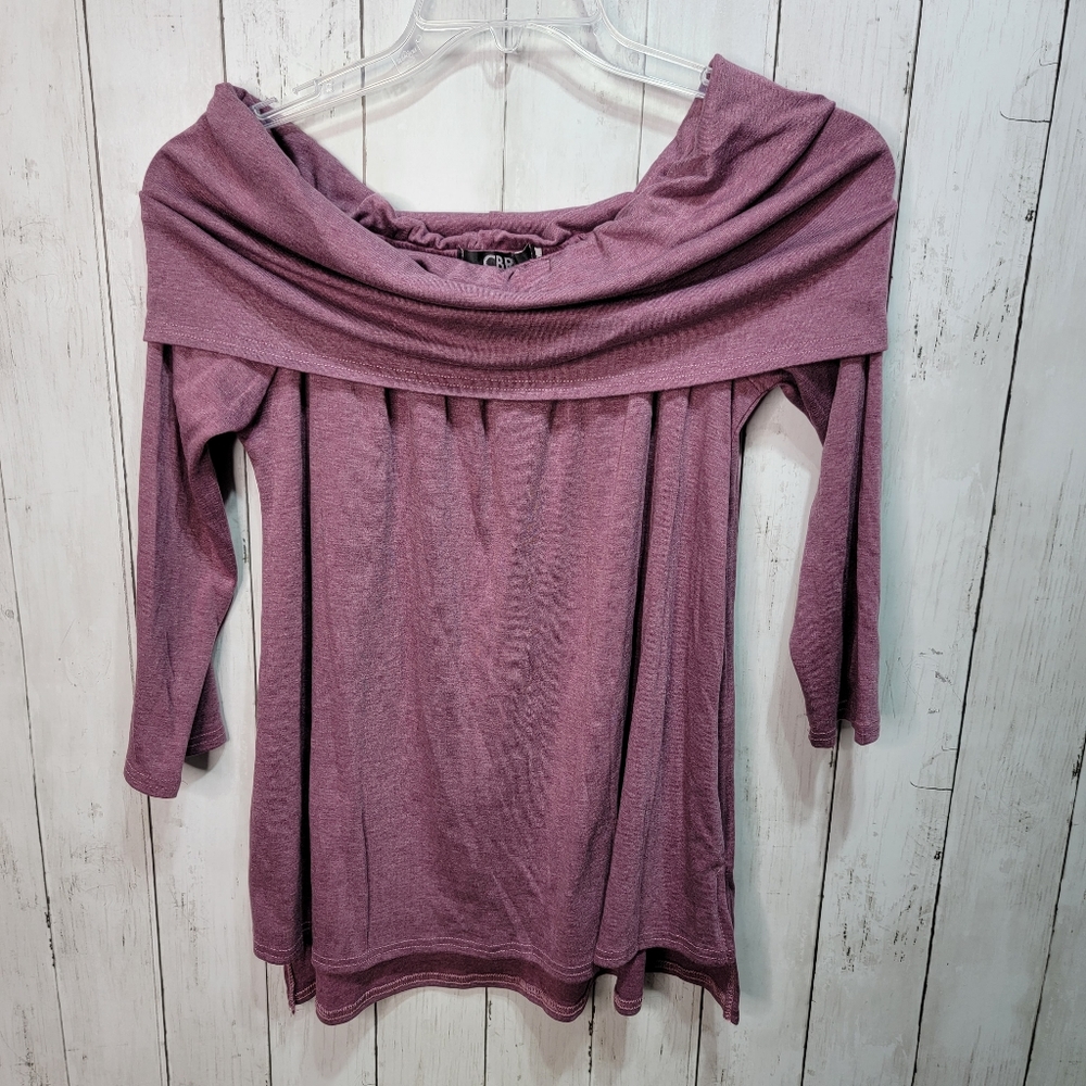 New CBR Womens Top Size Large Off Shoulder Purple Split Side Stretch Knit Shirt.